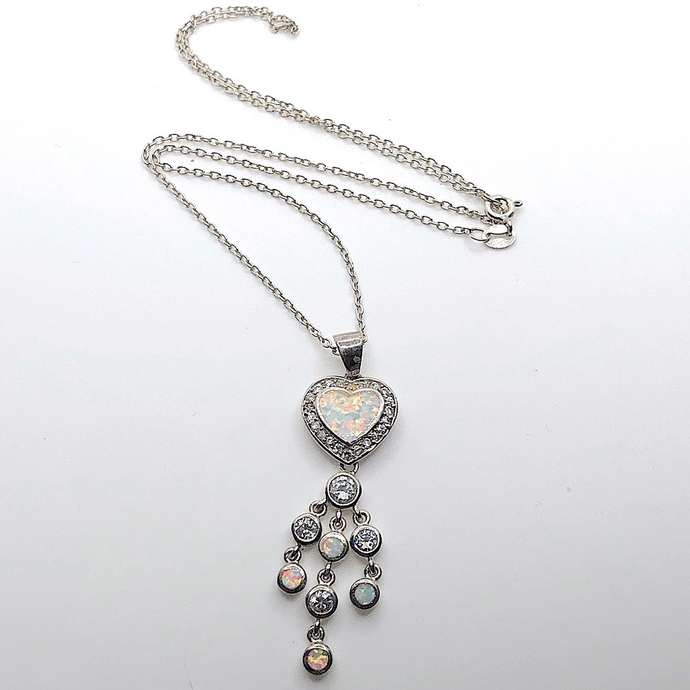 STERLING Silver Fire Opal White Saphire Heart Dangle w 925 Chain 18” + 2”